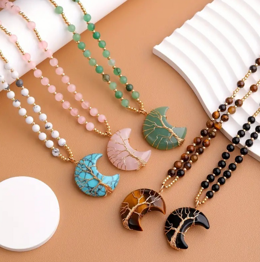 Moon Shaped Necklace (Tiger's eye, Black Obsidian, Powder Turqouise, Pink Quartz, Green Aventurine)