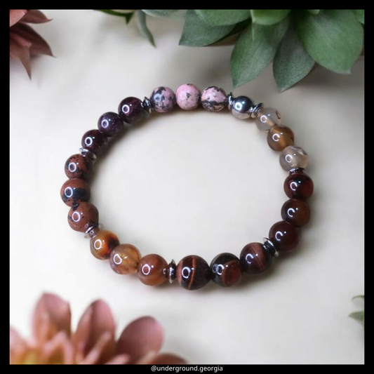 Natural Gemstone Bracelet with Carnelian, Agate, Obsidian, Tyger's eye, Rhodonite, Garnet